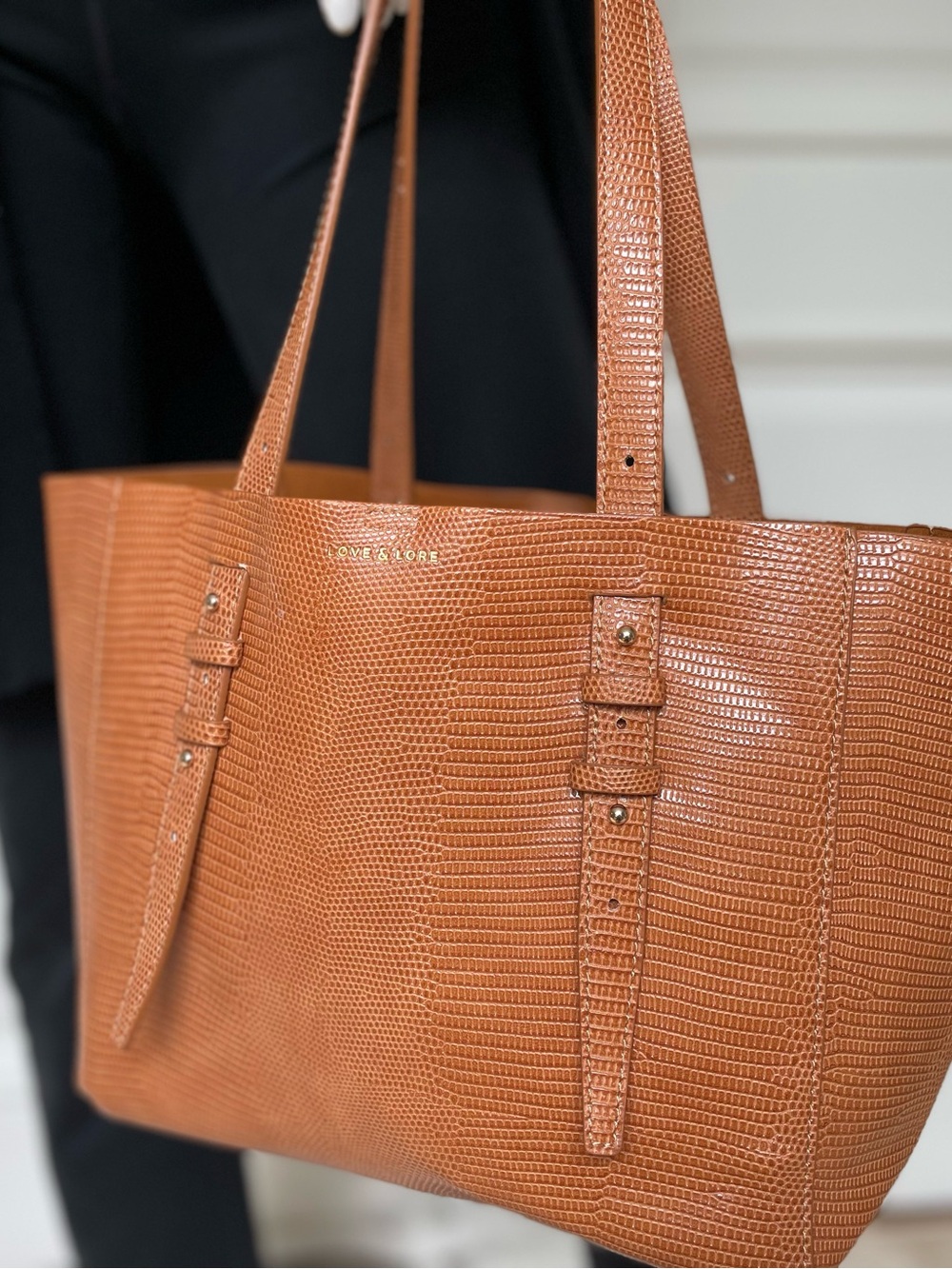 Love & Lore Cognac Embossed Tote Bag | Textured Shopper Purse